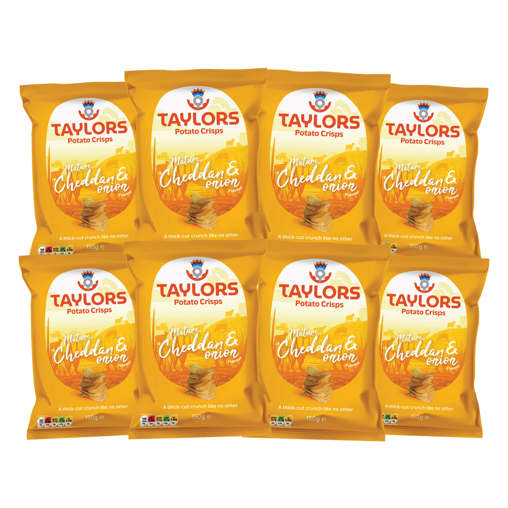 Taylors Cheddar & Onion Straight Cut Potato Crisps 150g (Box of 8)