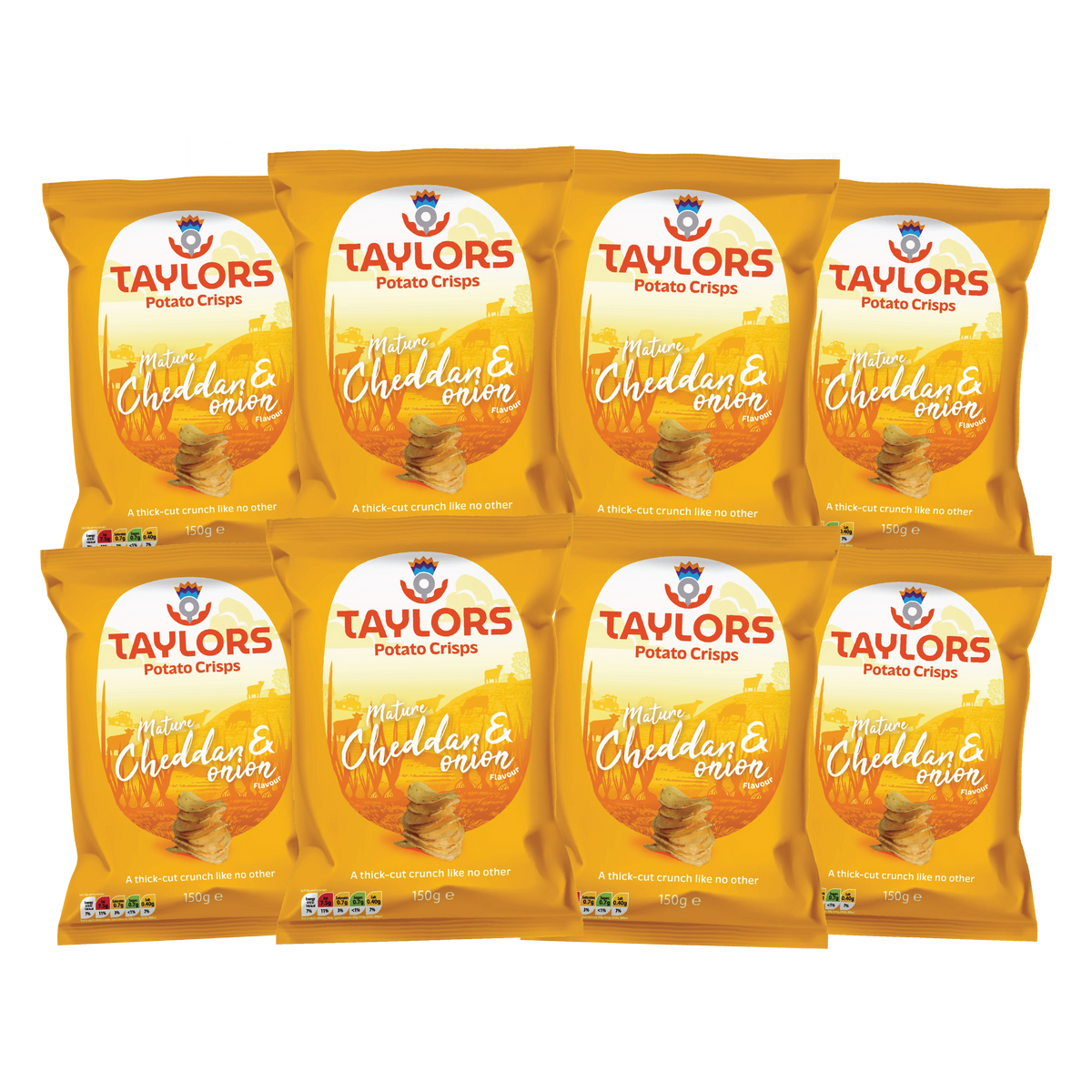 Taylors Cheddar & Onion Straight Cut Potato Crisps 150g (Box of 8)