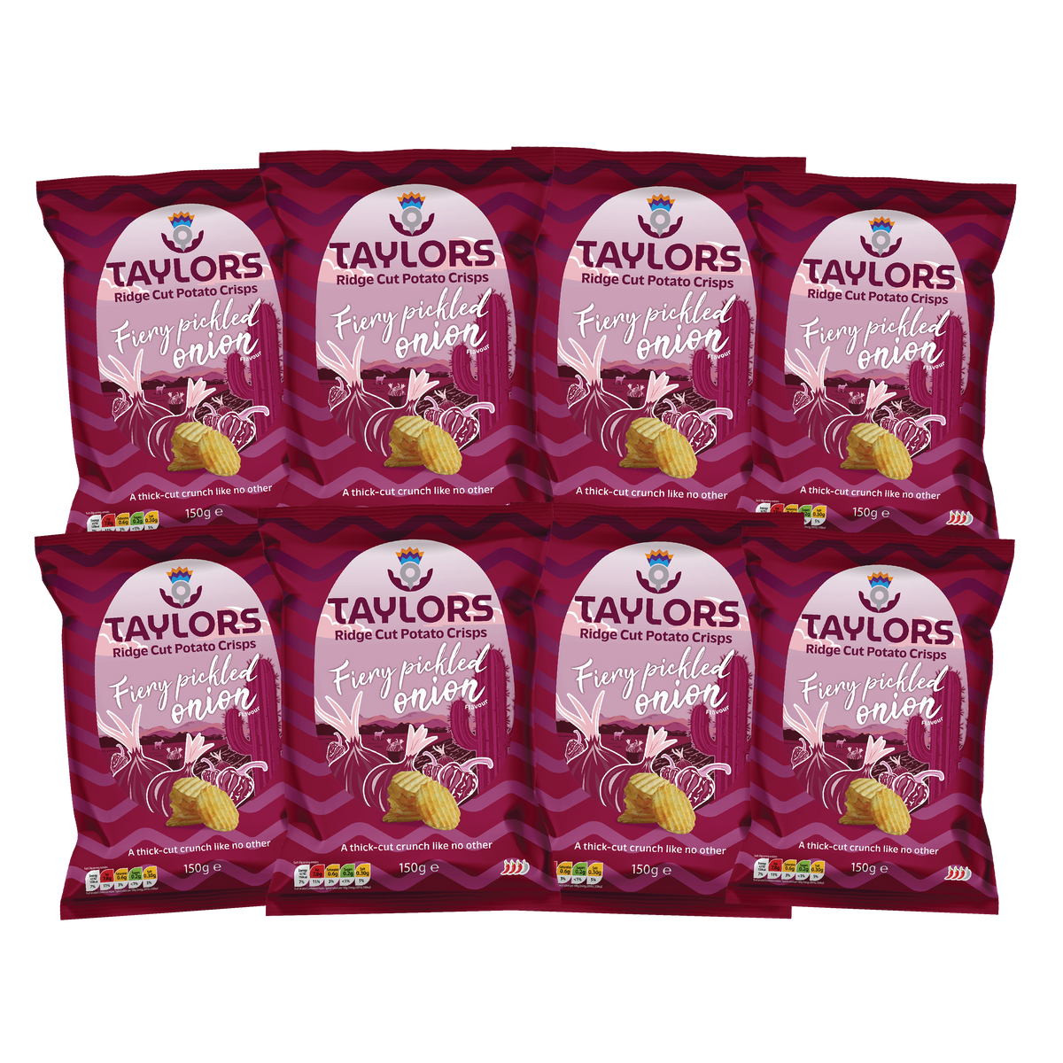 Taylors Fiery Pickled Onion Ridge Cut Potato Crisps 150g (Box of 8)
