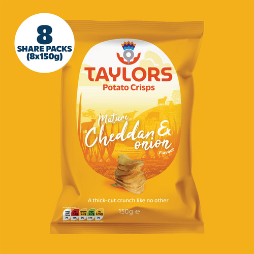 Taylors Cheddar & Onion Straight Cut Potato Crisps 150g (Box of 8)