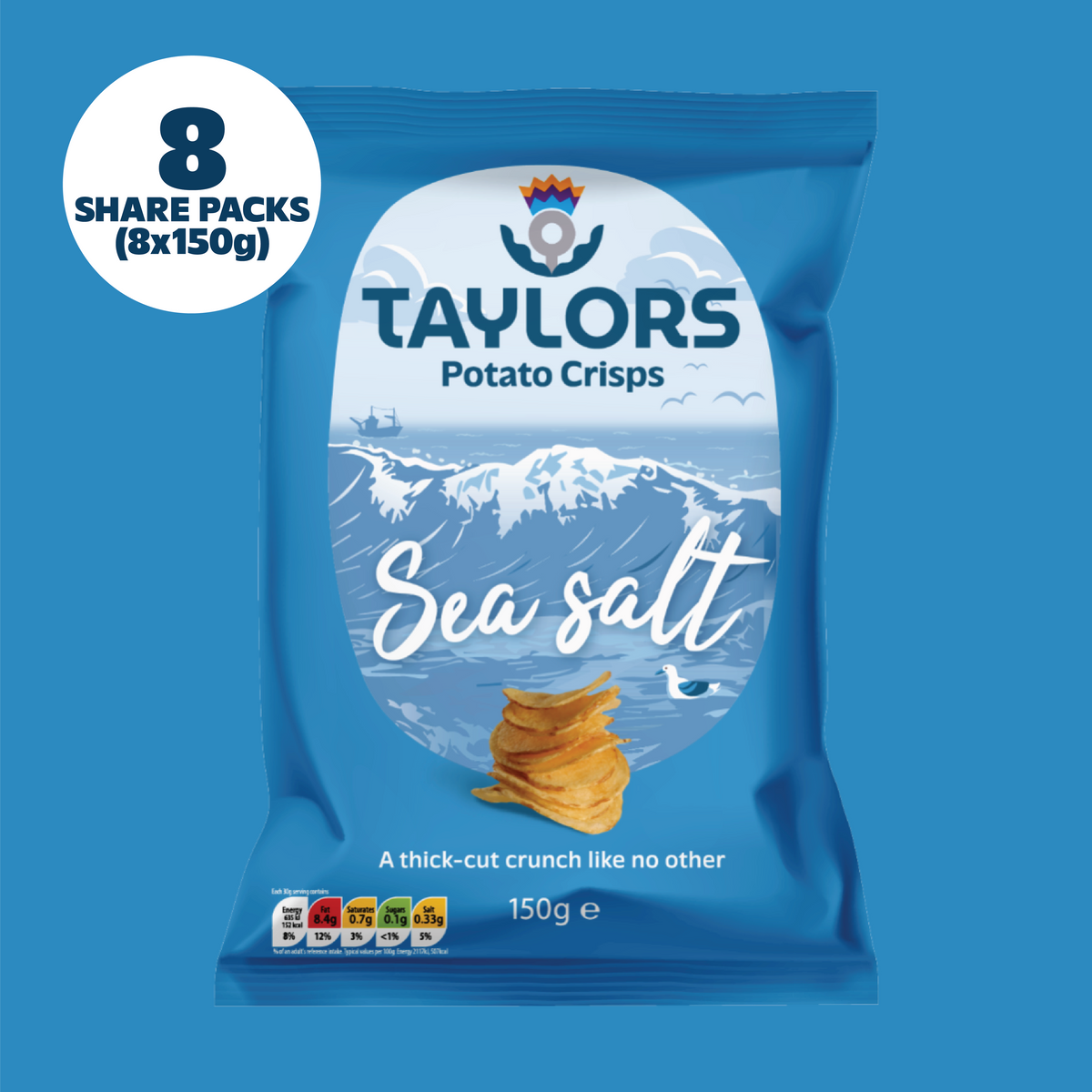 Taylors Sea Salted Straight Cut Potato Crisps 150g (Box of 8)