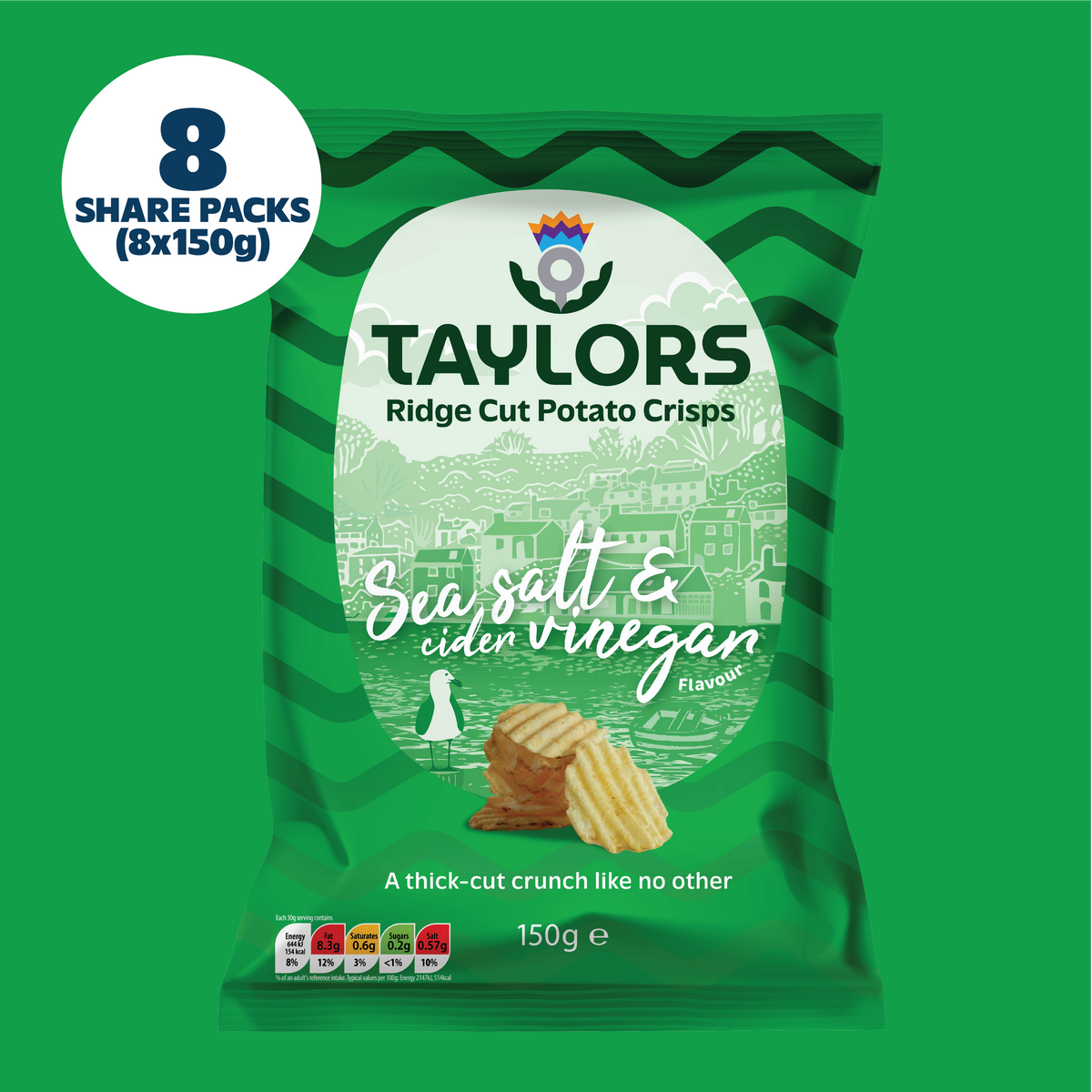 Taylors Sea Salt & Cider Vinegar Flavour Ridge Cut Potato Crisps 150g (Box of 8)