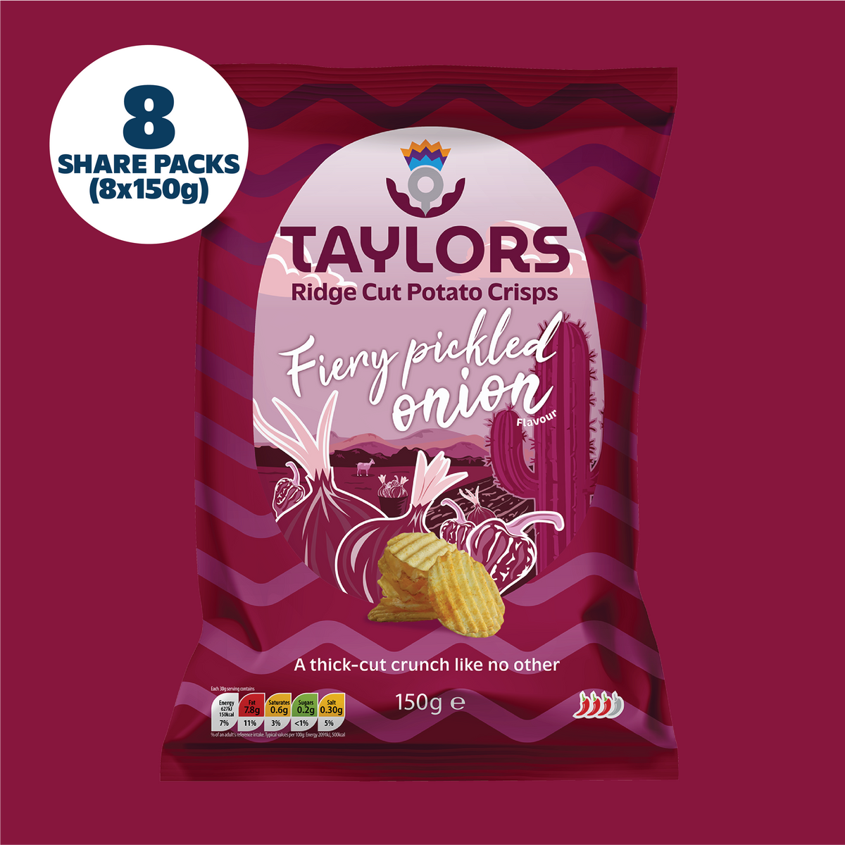 Taylors Fiery Pickled Onion Ridge Cut Potato Crisps 150g (Box of 8)