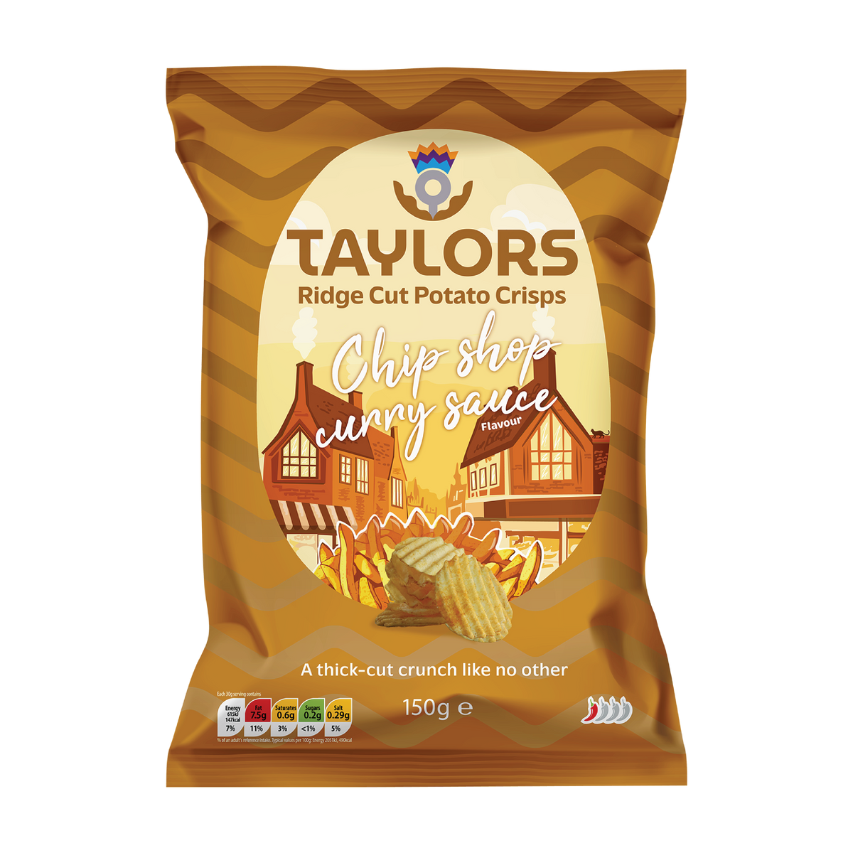 Taylors Chip Shop Curry Sauce Flavour Ridge Cut Potato Crisps 150g Share Bag