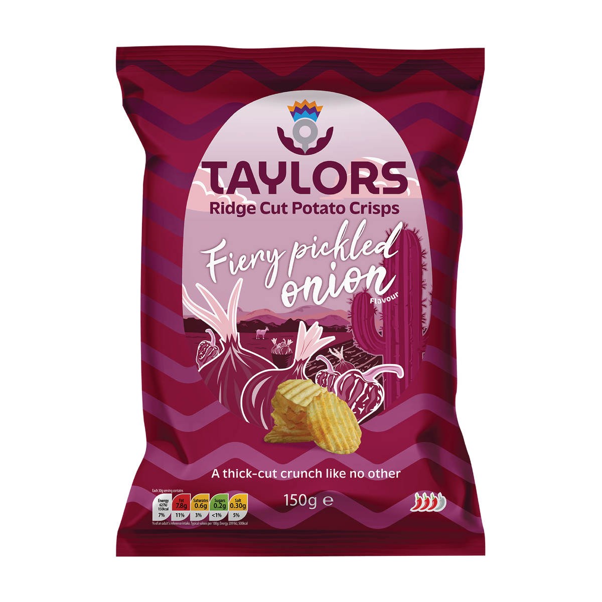 Taylors Fiery Pickled Onion Flavour Ridge Cut Potato Crisps 150g Share Bag