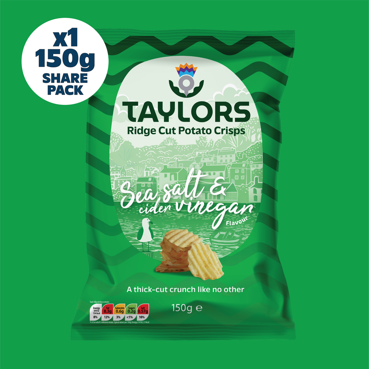 Taylors Sea Salt & Cider Vinegar Flavour Ridge Cut Potato Crisps 150g Share Bag