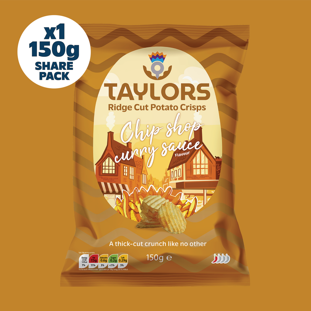 Taylors Chip Shop Curry Sauce Flavour Ridge Cut Potato Crisps 150g Share Bag
