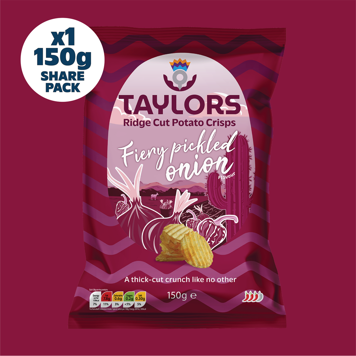 Taylors Fiery Pickled Onion Flavour Ridge Cut Potato Crisps 150g Share Bag