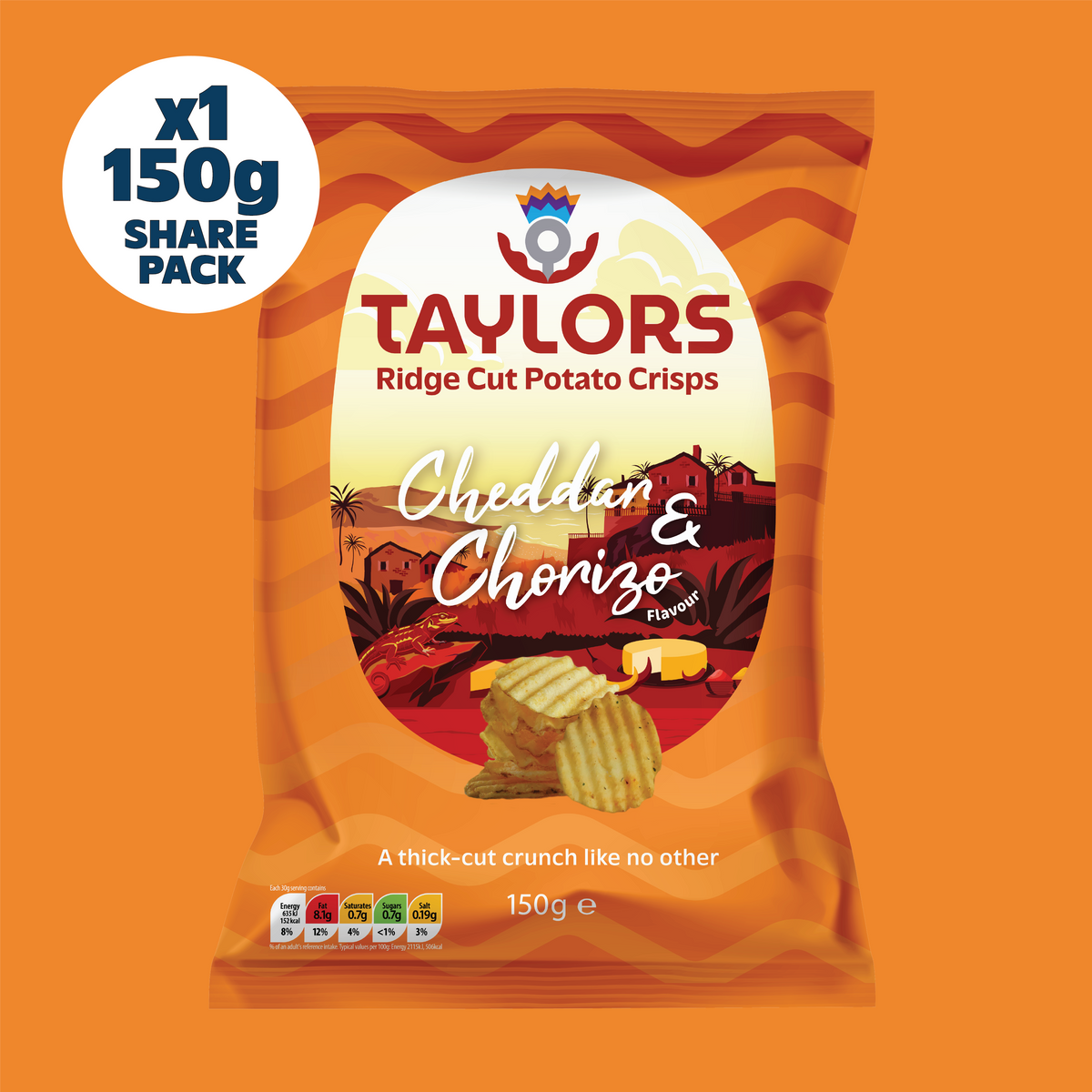Taylors Cheddar & Chorizo Flavour Ridge Cut Potato Crisps 150g Share Pack