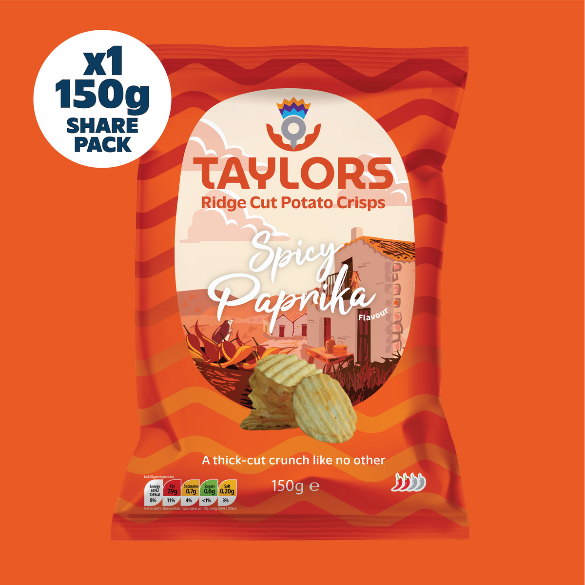 Taylors Spicy Paprika Flavour Ridge Cut Potato Crisps 150g Share Bag
