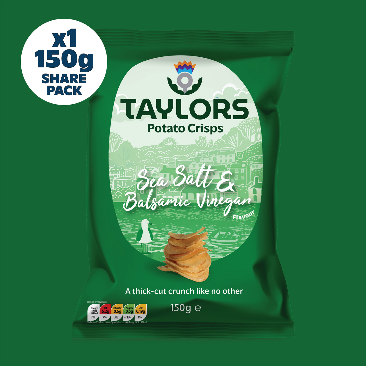 Taylors Sea Salt & Balsamic Vinegar Straight Cut Potato Crisps 150g Share Bag