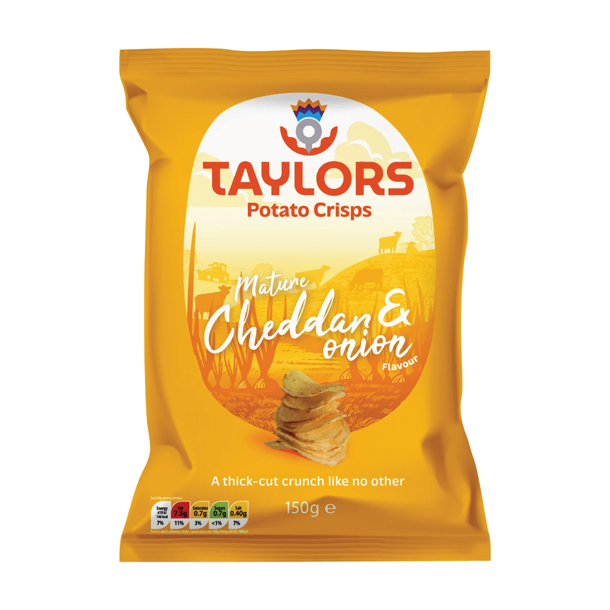 Taylors Cheddar & Onion Flavour Straight Cut Potato Crisps 150g Share Bag