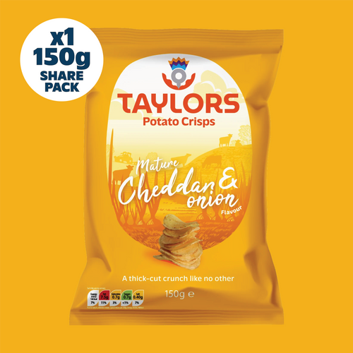 Taylors Cheddar & Onion Flavour Straight Cut Potato Crisps 150g Share Bag